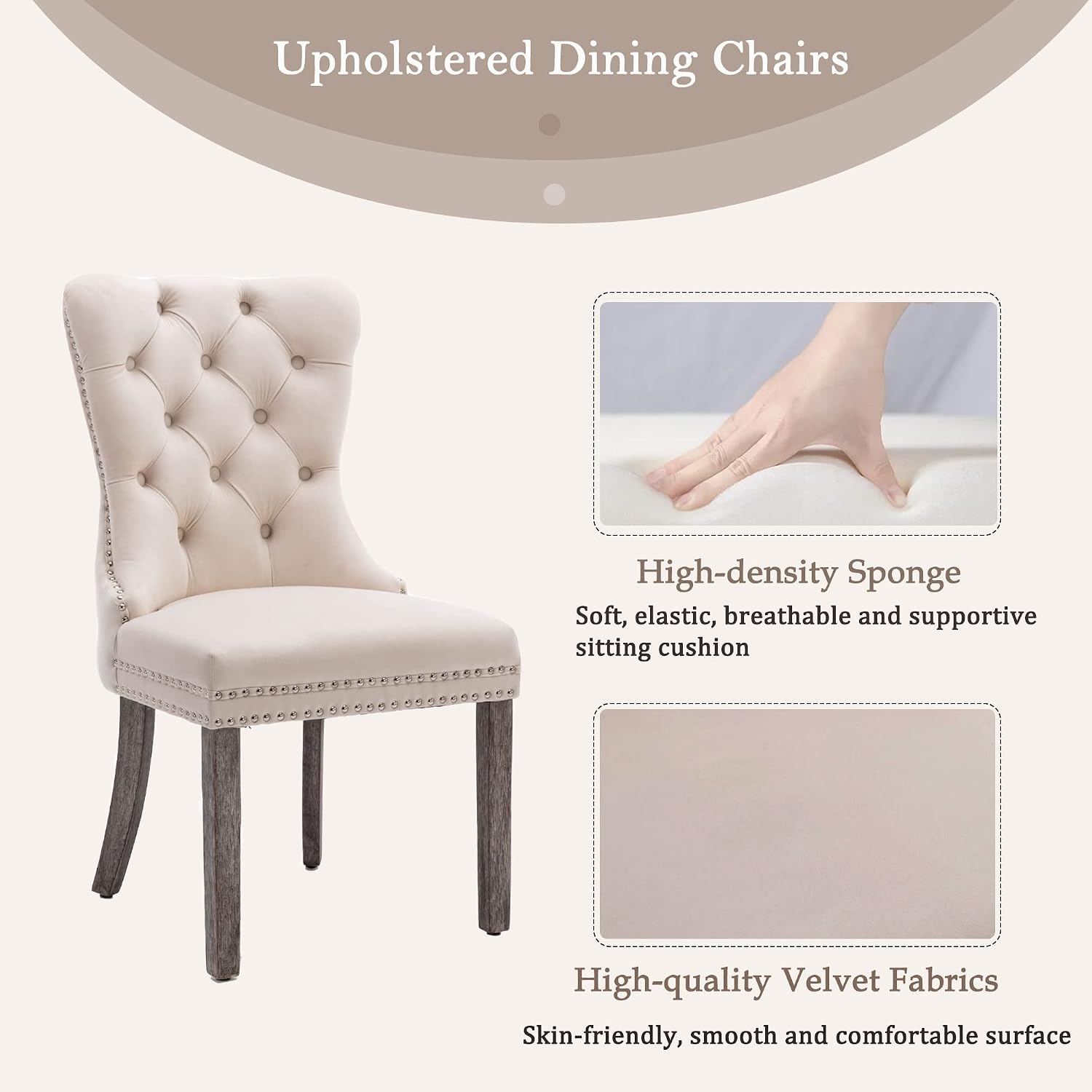 Velvet Dining Chairs Set Of 4, Upholstered High-End Tufted Dining Room Chair With Nailhead Back Ring Pull Trim Solid Wood Legs, Nikki Collection Modern Style For Kitchen, Beige