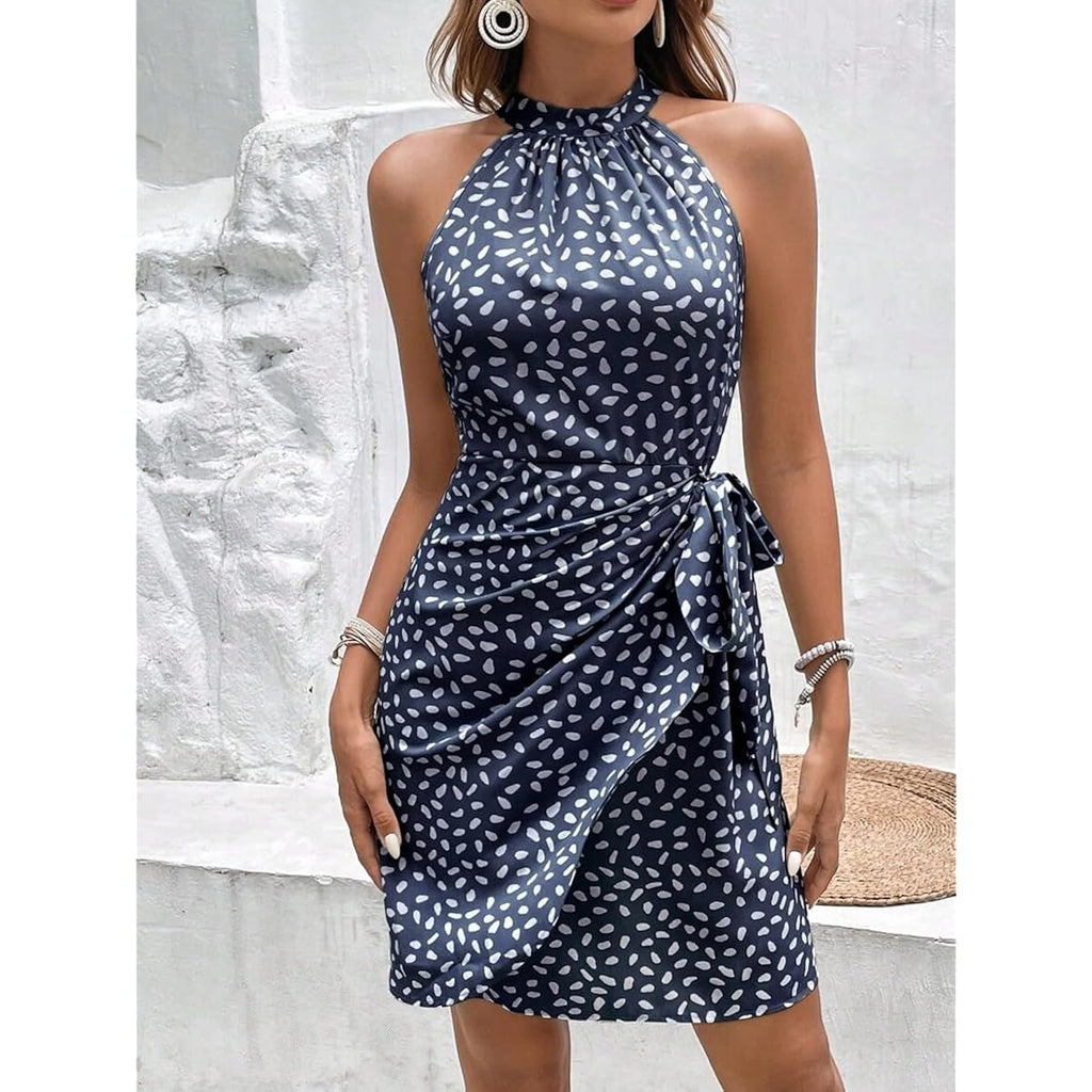 Light Dot Women'S Summer Dress Dot Print Halter Neck Tie Waist Casual Zipper Back Sundress Vacation Outfits