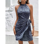 Light Dot Women'S Summer Dress Dot Print Halter Neck Tie Waist Casual Zipper Back Sundress Vacation Outfits