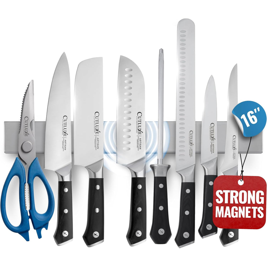 Cutluxe Magnetic Knife Holder for Wall and Fridge - 16" Stainless Steel Knife Magnetic Strip - Holds up to 15 Lbs, Easy to Mount, With Strong Magnets or Screws