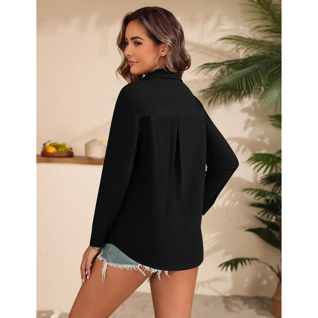 Hotouch Womens Button Down Shirts Linen Cotton Long Sleeve Blouses Casual Collared Loose Fit Gauze Tops With Pocket