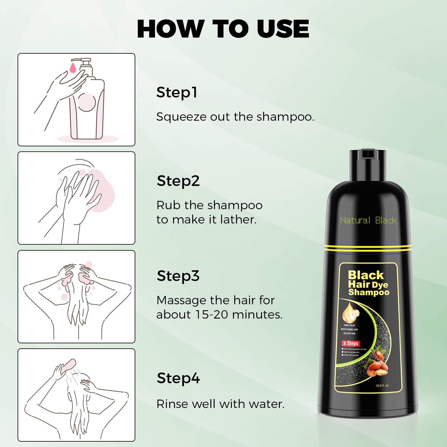 KAISASA Black Hair Dye Shampoo 3 in 1，Argan Natural Herbal Formula Hair Color Shampoo Covers Gray Hair for Women and Men (16.9 fl.oz Black)