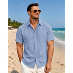Mens Linen Shirts Short Sleeve Casual Shirt Button Down Summer Beach Vacation Tops Men Casual Dress Shirts Breathable