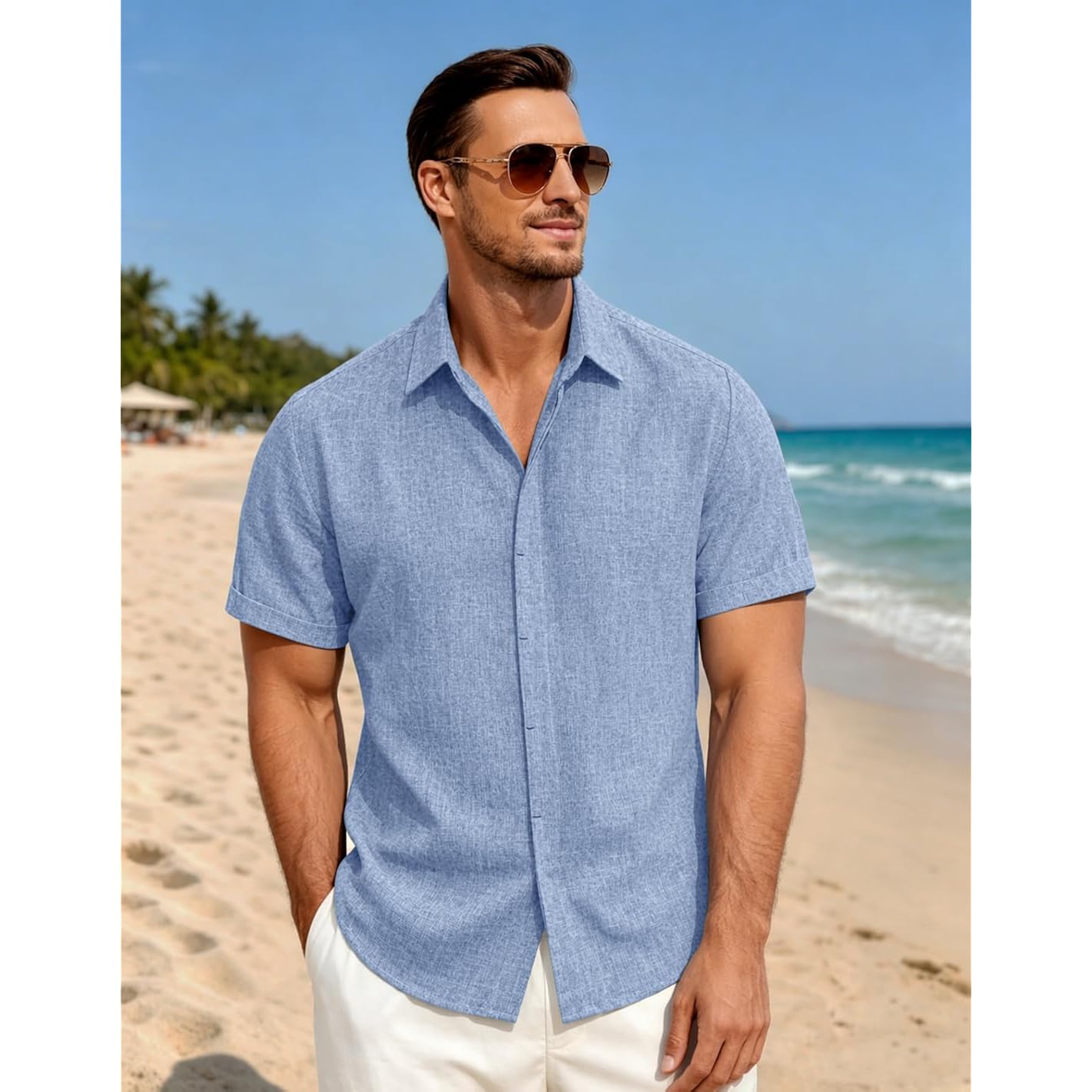 Mens Linen Shirts Short Sleeve Casual Shirt Button Down Summer Beach Vacation Tops Men Casual Dress Shirts Breathable