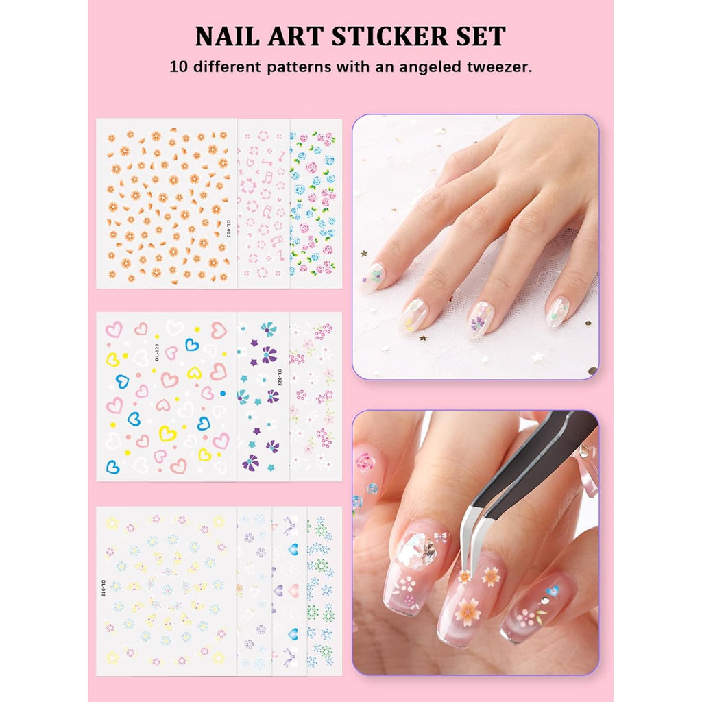 YOOVR Nail Art Kit, Nail Art Tools, Nail Design Tools, Nail Art Brushes Decoration Kit, Nail Dotting Tool, Nail Kit for Beginners, Chrome Nail Powder, Nail Stickers, Nail Rhinestones, Nail Charms Gems