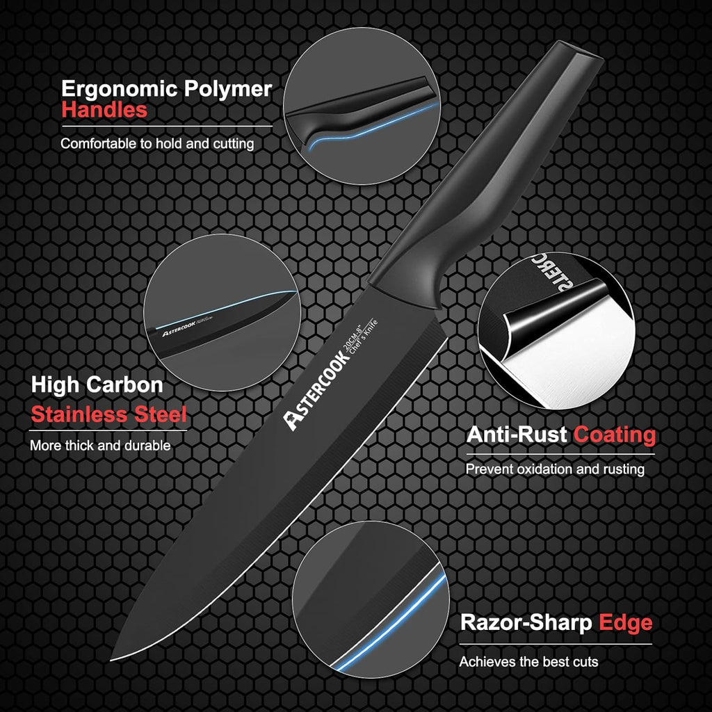Knife Set, Astercook 21 Pieces Knife Sets for Kitchen with Block, Dishwasher Safe Kitchen Knife Set with Built-in Sharpener, German Stainless Steel Black Knife Block Set Mothers Day Gifts