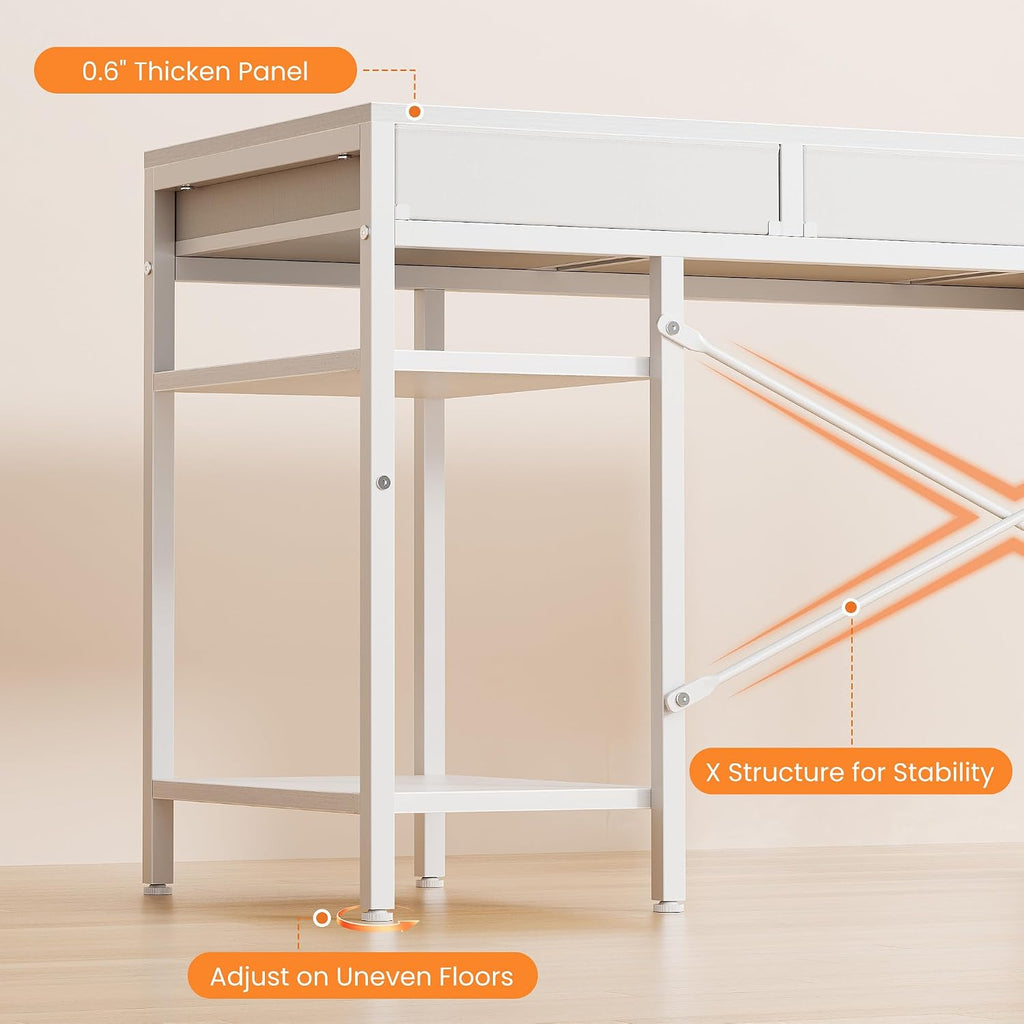 Sweetcrispy 47" Computer Desk With 6 Fabric Drawers, Home Office Gaming Desks With Storage Shelves For Bedroom, Writing Study Corner Living Room Work Table White