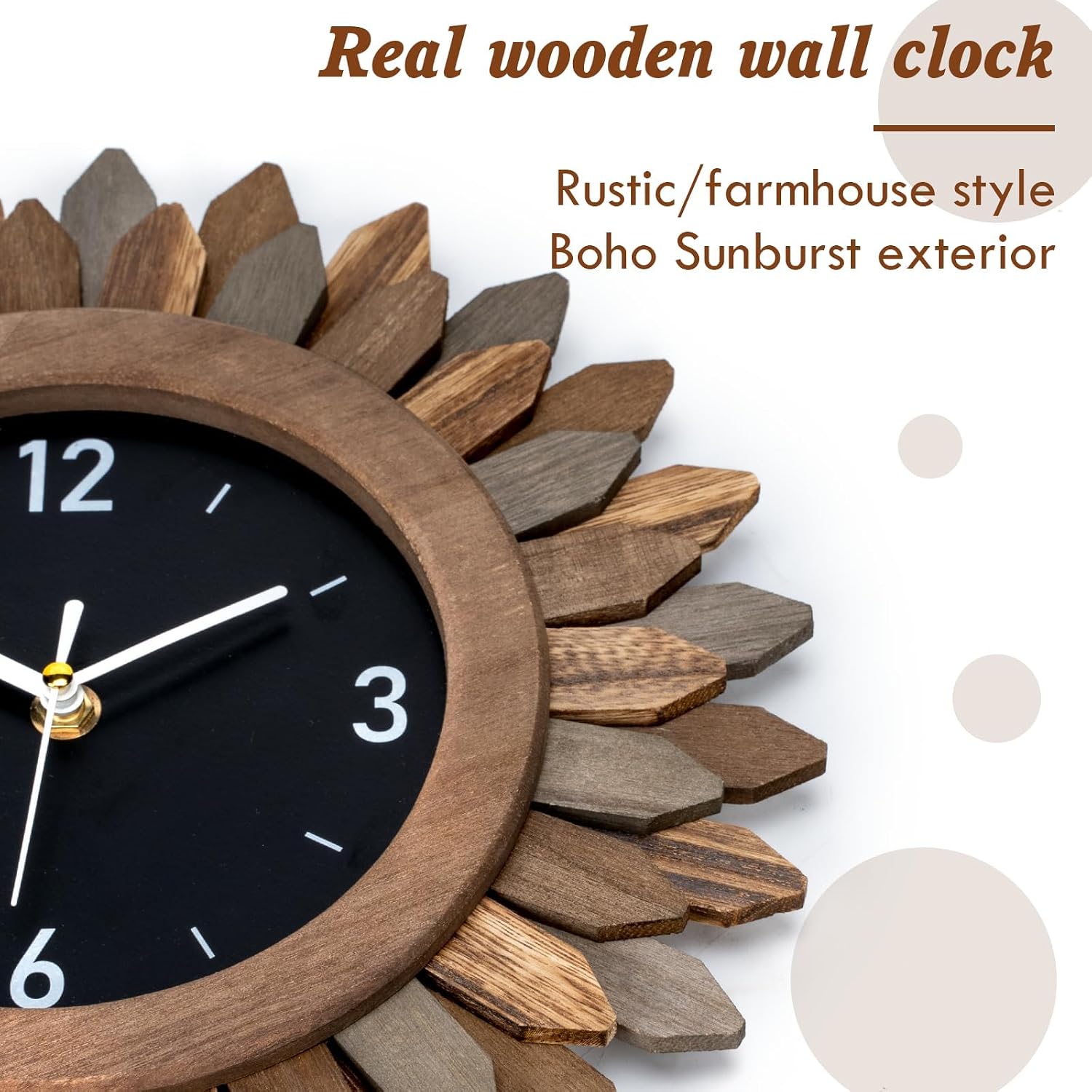 Wall Clock Battery Operated 12 In Rustic Wood Boho Sunburst Decorative Wall Clock Silent Non Ticking Farmhouse Small Wall Clocks For Living Room Kitchen Bathroom Bedroom Decor (Tricolor)