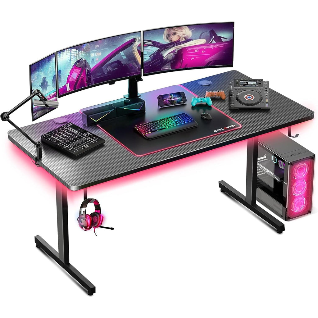Gtplayer 55 Inch Gaming Desk With Led Lights, Large Computer Desk With Mouse Pad For Home Office, T-Shaped Carbon Fibre Surface Pc Game Workstations With Headphone Hook