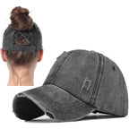 2 Packs Womens Ponytail Criss Cross Hat Baseball Cap Distressed Ponytail Hat High Messy Bun Trucker Ponycap