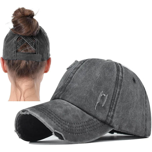 2 Packs Distressed Ponytail Hat For Women Criss Cross Hat Baseball Cap Pony Tail Caps High Bun