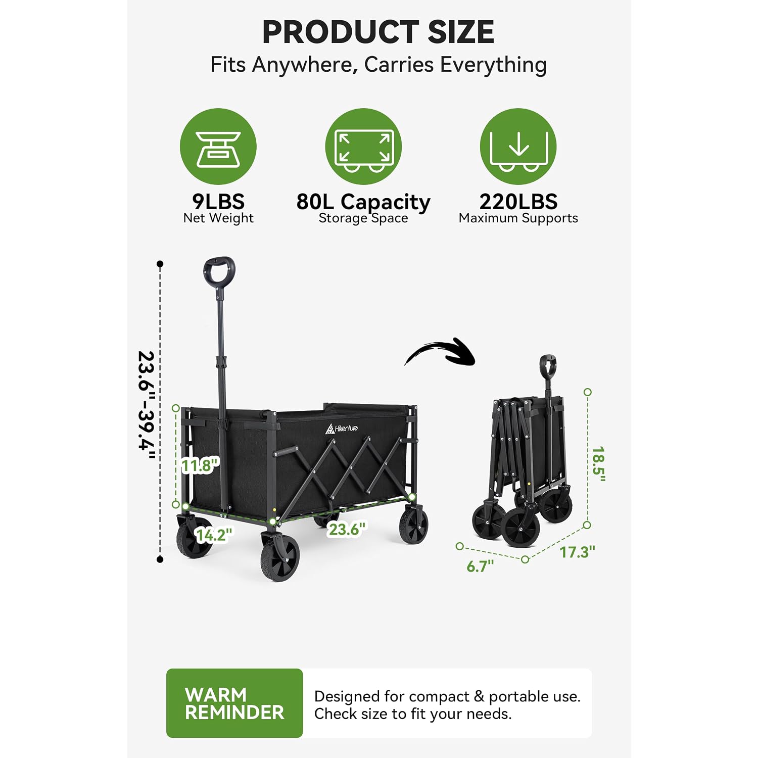 Hikenture Collapsible Wagon Cart With Wheels, 220 Lbs Foldable Wagon | 9 Lbs Lightweight Portable Utility Cart, All Terrain Folding Wagon For Grocery Shopping, Garden, Sports, Camping, Daily Use
