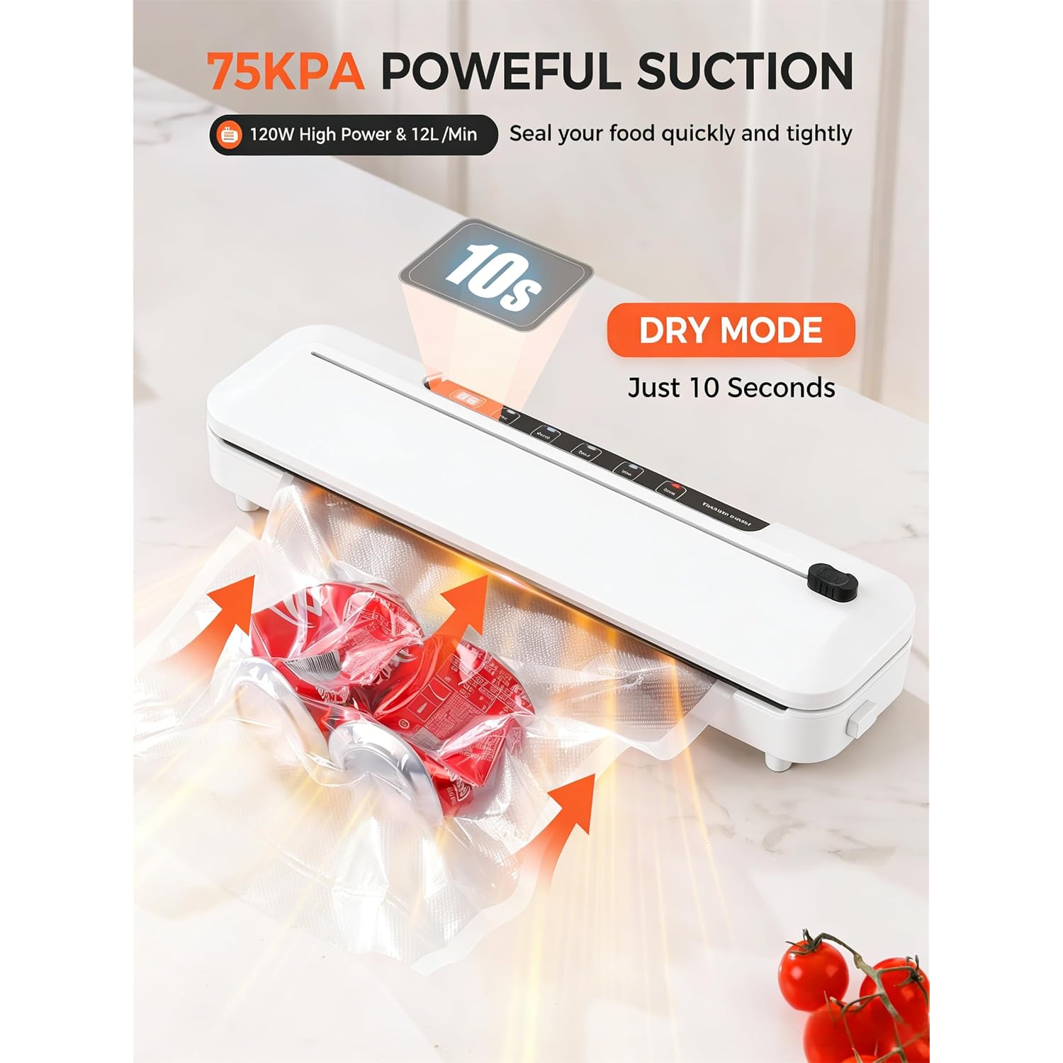 Vacuum Sealer Machine 75Kpa Food With 6-In-1 Dry/Moist Modes & Digital Timer, Compact Lightweight Design, Built-In Cutter + 10 Bags (White)