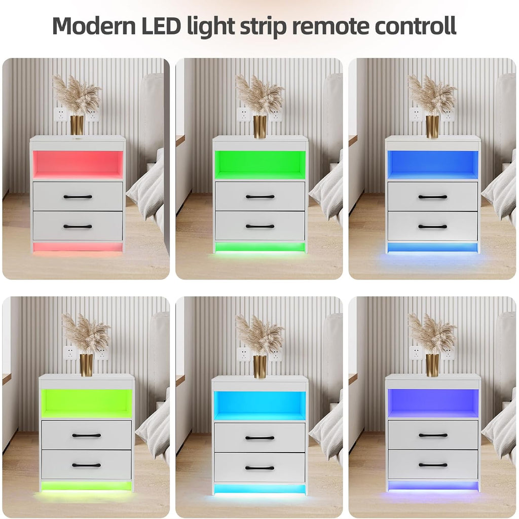 Night Stand With Charging Station And Ambient Light, Led Nightstand With Usb-C Ports And Outlets, Morden Bedside Table With 2 Drawers And Open Compartment, End Table For Bedroom, White