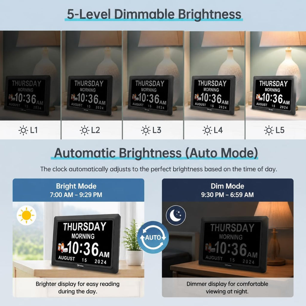 Dementia Digital Clock For Seniors Elderly, 20 Alarm Reminders 3 Ringtones For Memory Loss Alzheimers, Electric Time Date Day Large Display Calendar Clock, Auto Dst, 1024 * 600P Hd