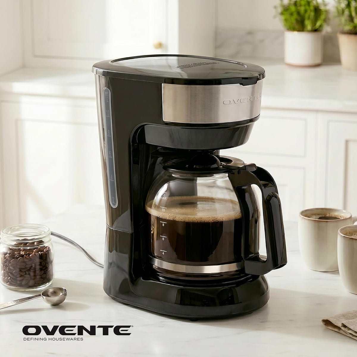Ovente 12-Cup Drip Coffee Maker With Borosilicate Glass Carafe, One-Touch Operation Machine, Anti-Drip System, Reusable Filter And Clear View Water Level Gauge, Ideal For Home Or Office, Black Cm412B