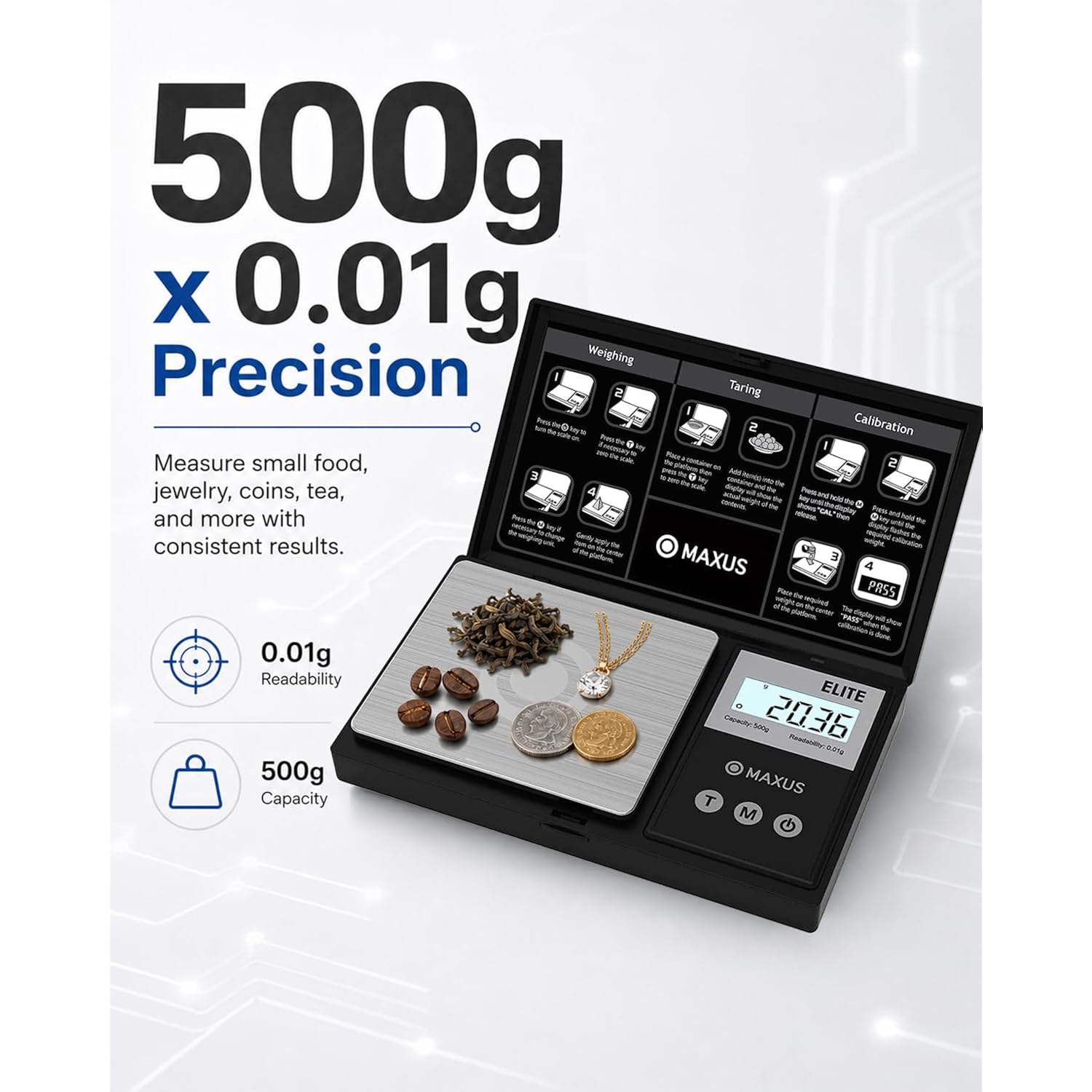 Digital Pocket Gram Scale 500G X 0.01G High Precision With Tray, Weighs Small Food, Jewelry, Ounces, Grains, Lcd Display, Tare Function