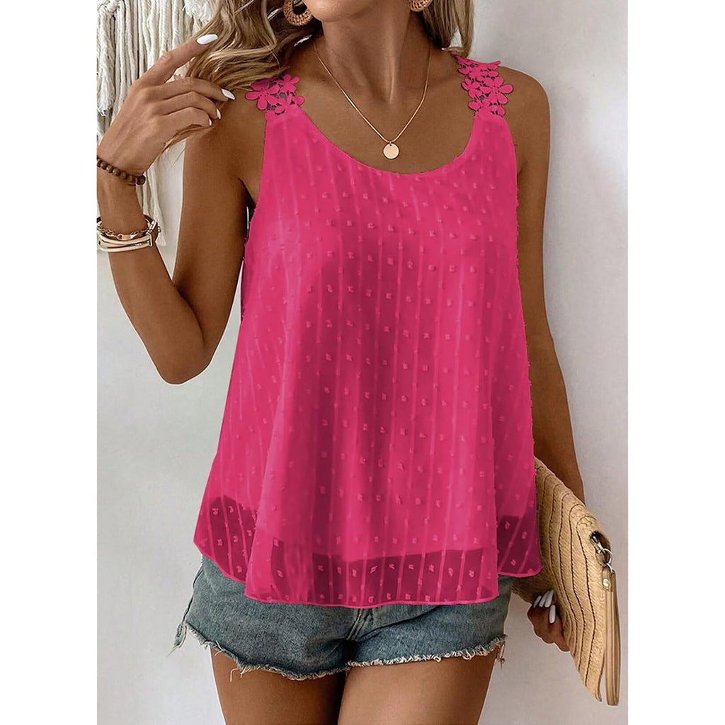 Womens Tank Tops Flowy Sleeveless Summer Boho Tank Top for Women Casual Crewneck Strap Lace Camisole Shirts