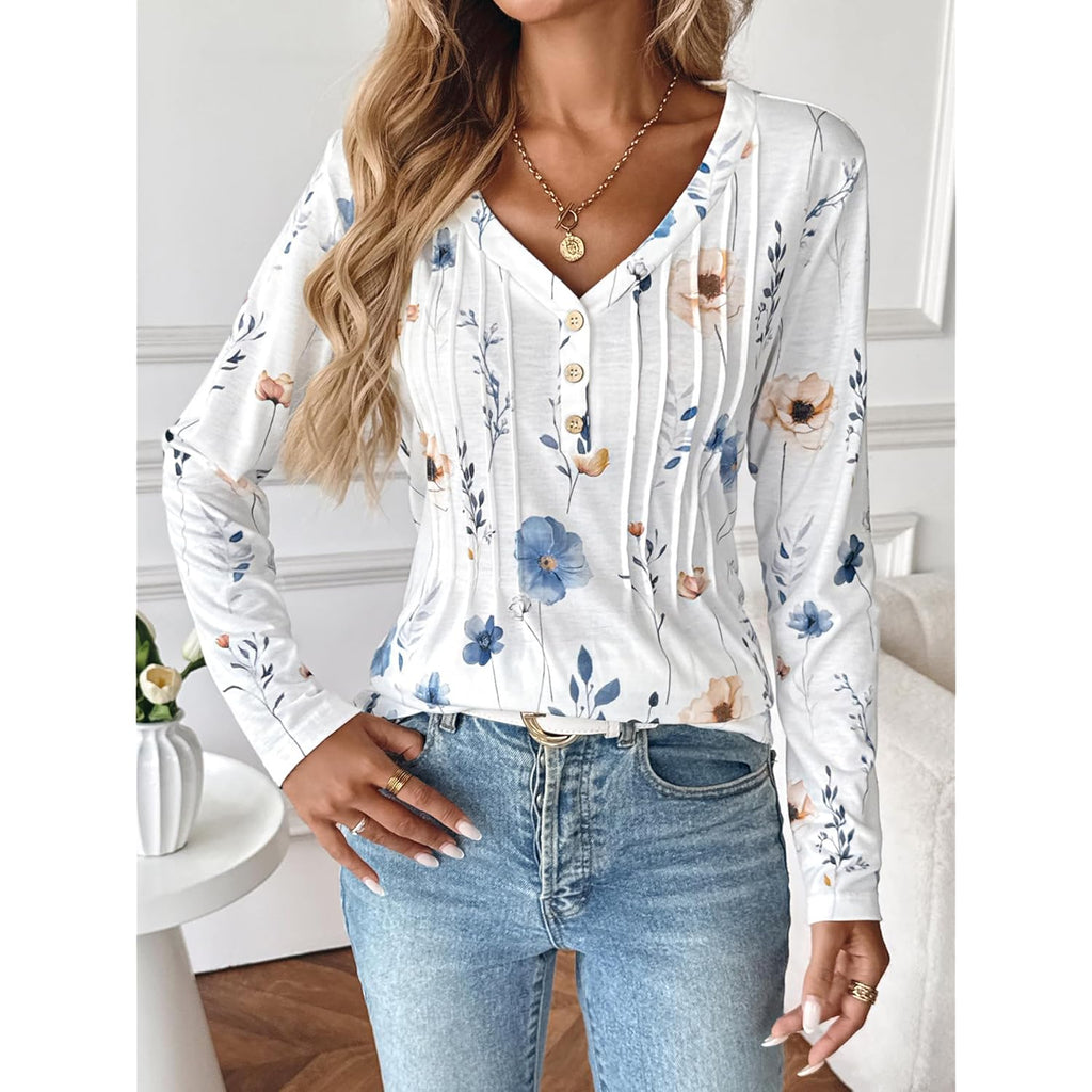 Womens Long Sleeve Tops V-Neck Loose Fit Shirts Pleated Print T-Shirts Dressy Casual 2026 Tunics