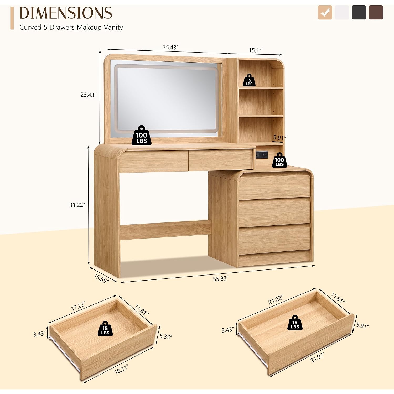 Aitjunz Vanity Desk With Mirror And Lights, 50” Modren Makeup Vanity With 35.43" Mirror And 5 Drawers, Makeup Table With Charging Station For Women And Girls, Bedroom (Natural)