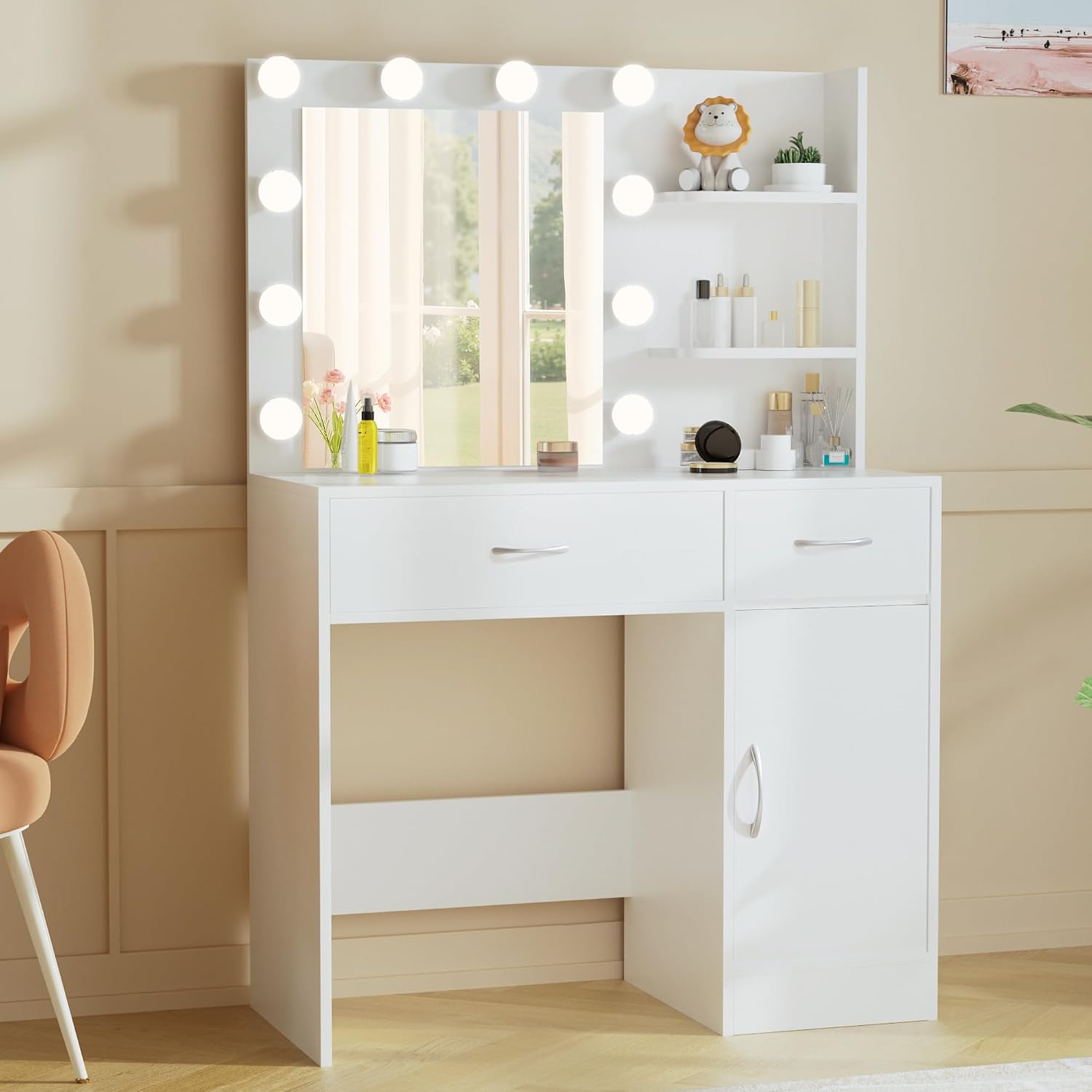 Livelyglow 35.4" White Makeup Vanity Desk With 10 Hollywood Light Bulbs | Dimmable Lighting, Large Mirror, Storage Cabinet