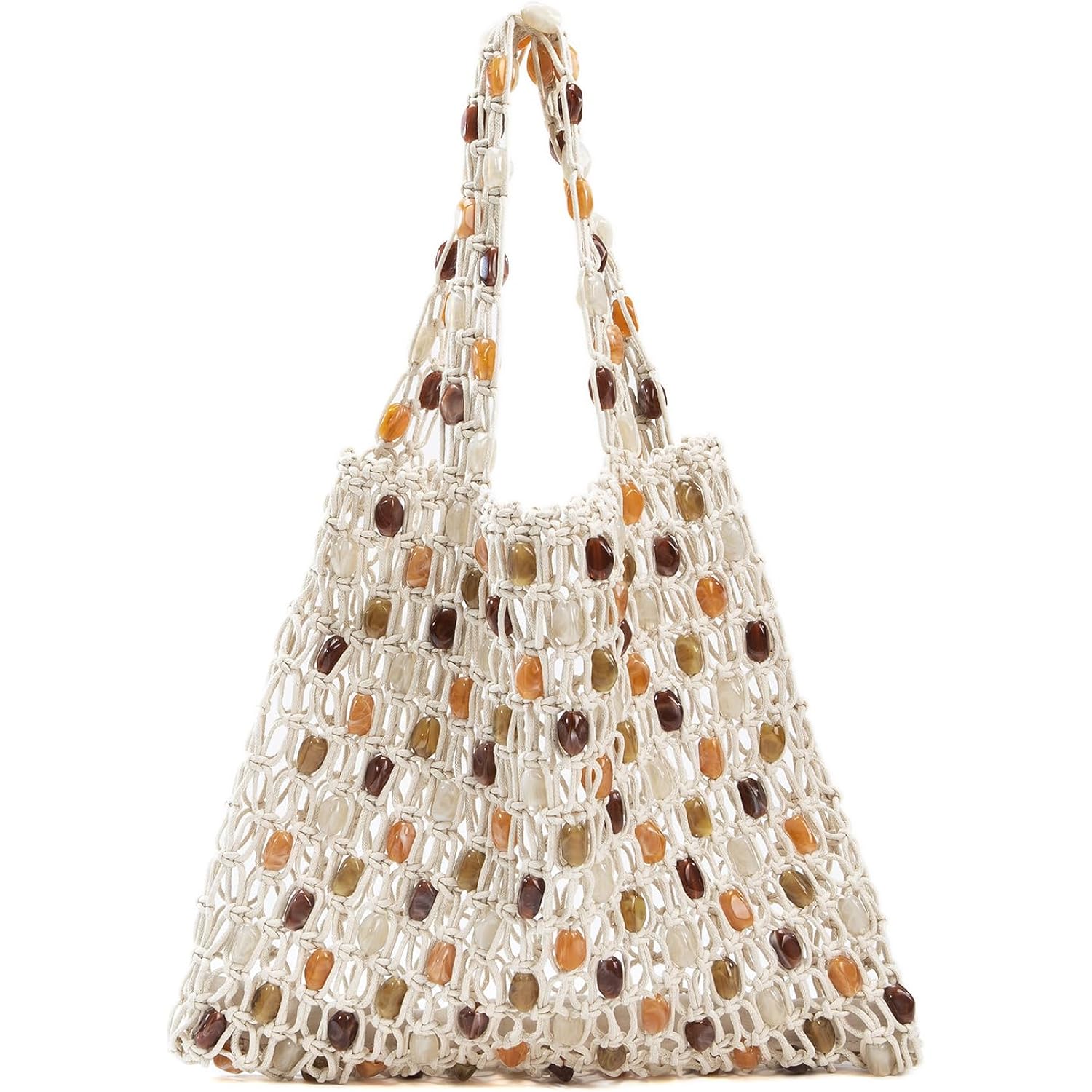 Boho Crochet Shoulder Bag For Women, Colorful Beaded Beach Tote Handbag Lightweight Summer Knit Hobo Purse &Travel Organizer