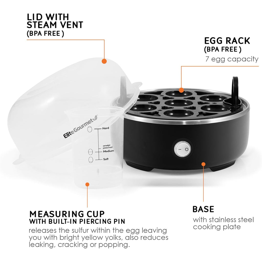 Elite Gourmet EGC115B Easy Egg Cooker Electric 7-Egg Capacity, Soft, Medium, Hard-Boiled Egg Cooker with Auto Shut-Off, Measuring Cup Included, BPA Free, Classic Black