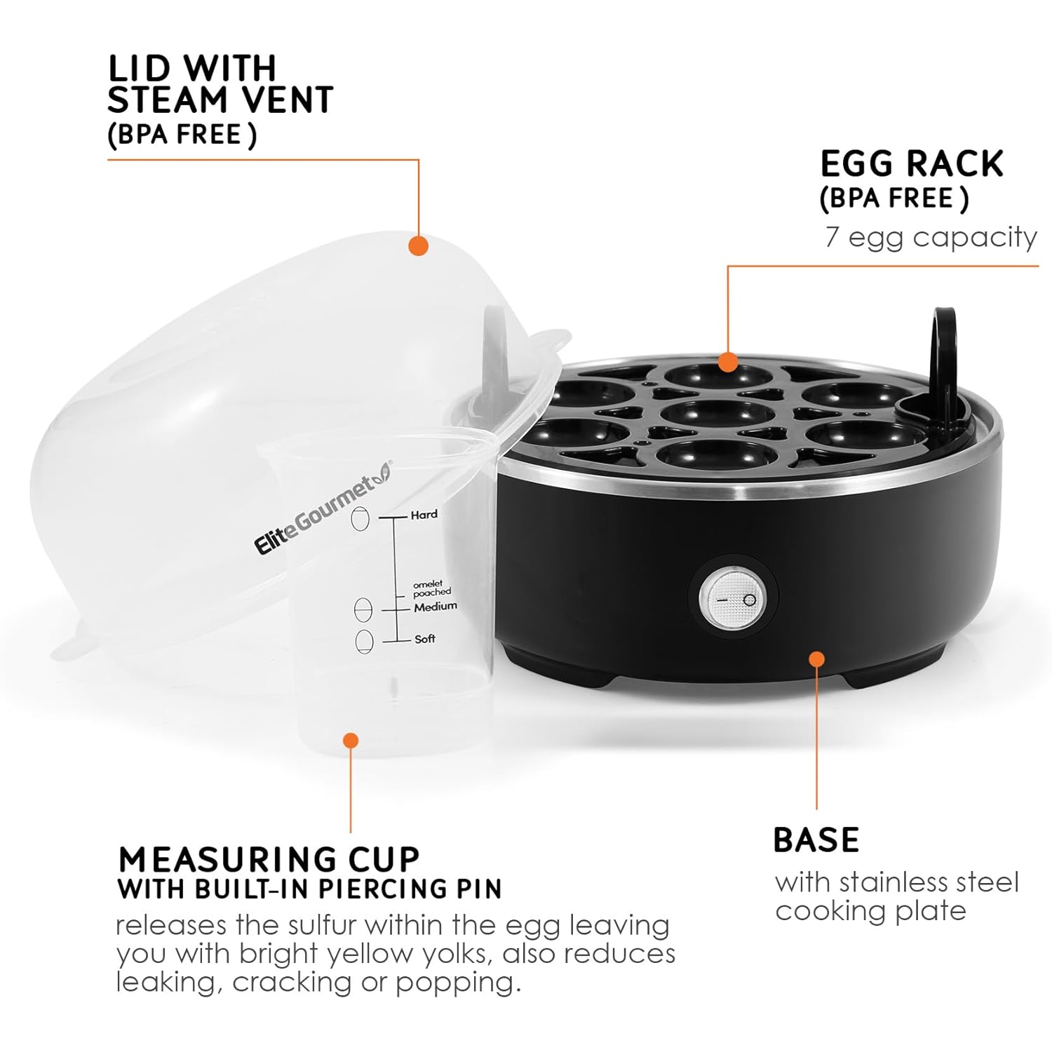 Elite Gourmet EGC115B Easy Egg Cooker Electric 7-Egg Capacity, Soft, Medium, Hard-Boiled Egg Cooker with Auto Shut-Off, Measuring Cup Included, BPA Free, Classic Black