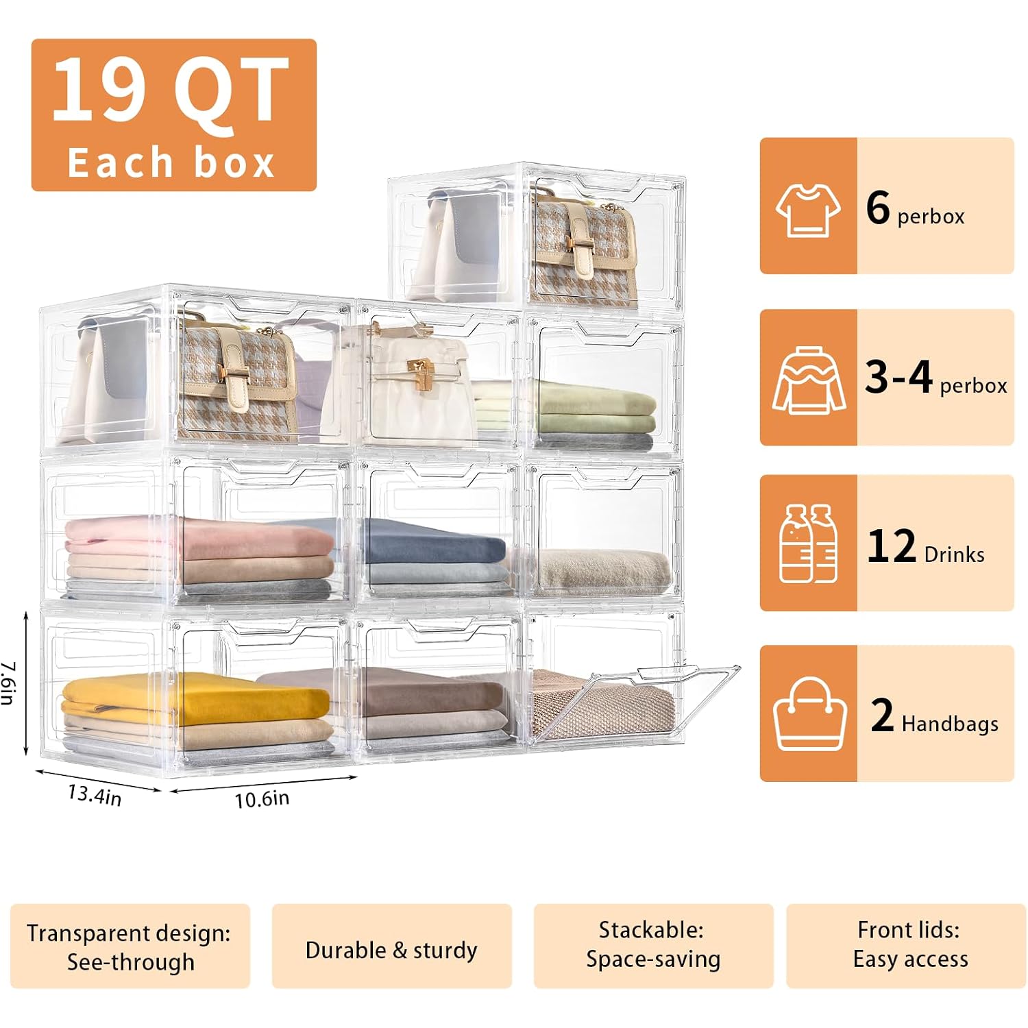 6 Pack Closet Organizers And Storage,Clear Stackable Plastic Storage Bins With Lids Magnetic Doors,Clothes Organizers And Storage,Plastic Craft Containers For Wardrobe Kitchen Bathroom Office