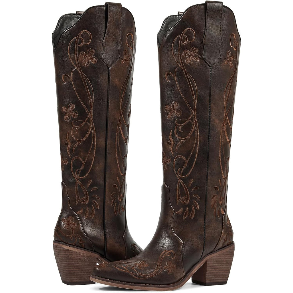 Wetkiss Knee High Cowboy Boots For Women, Stable And Comfortable | Western Style,Cowgirl Boots,Versatile,Pull On,Various Occasions,Non-Slip Sole,Bohemian Rural Style