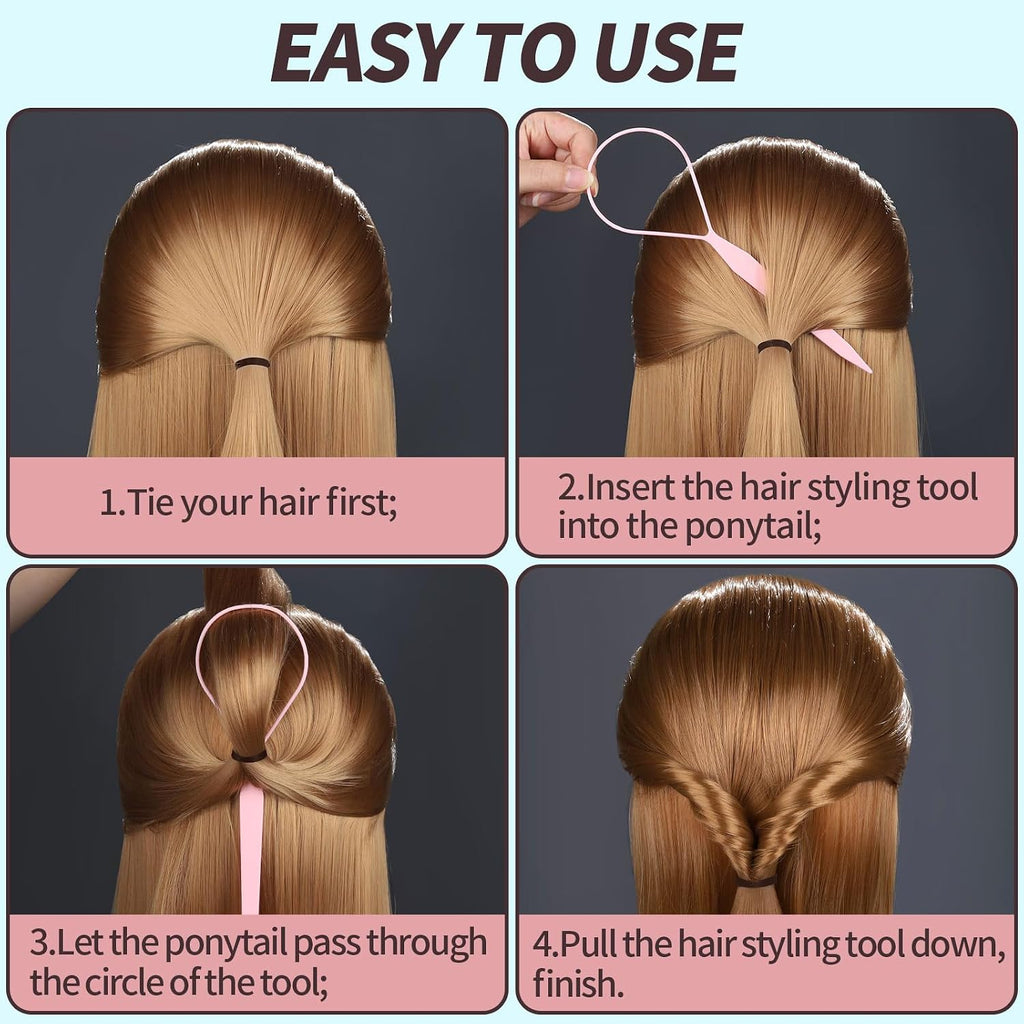 Teenitor 4Pcs Pony Hair Tail Tools, 2 Pairs Hair Loop Styling Tool Hair Flipper Pull Through Tool, French Braiding Hair Tool Hair Accessories For Women Girls, Loop Hair Tool, Light Blue/Light Pink