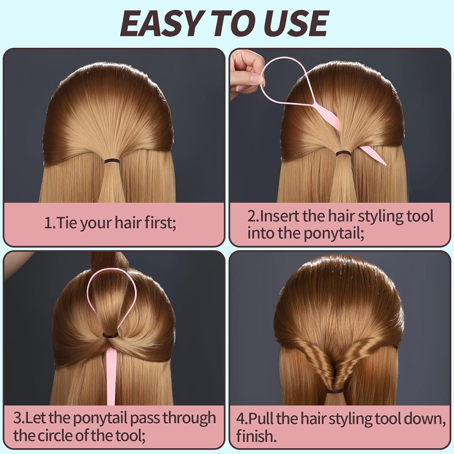 Teenitor 4Pcs Pony Hair Tail Tools, 2 Pairs Hair Loop Styling Tool Hair Flipper Pull Through Tool, French Braiding Hair Tool Hair Accessories For Women Girls, Loop Hair Tool, Light Blue/Light Pink