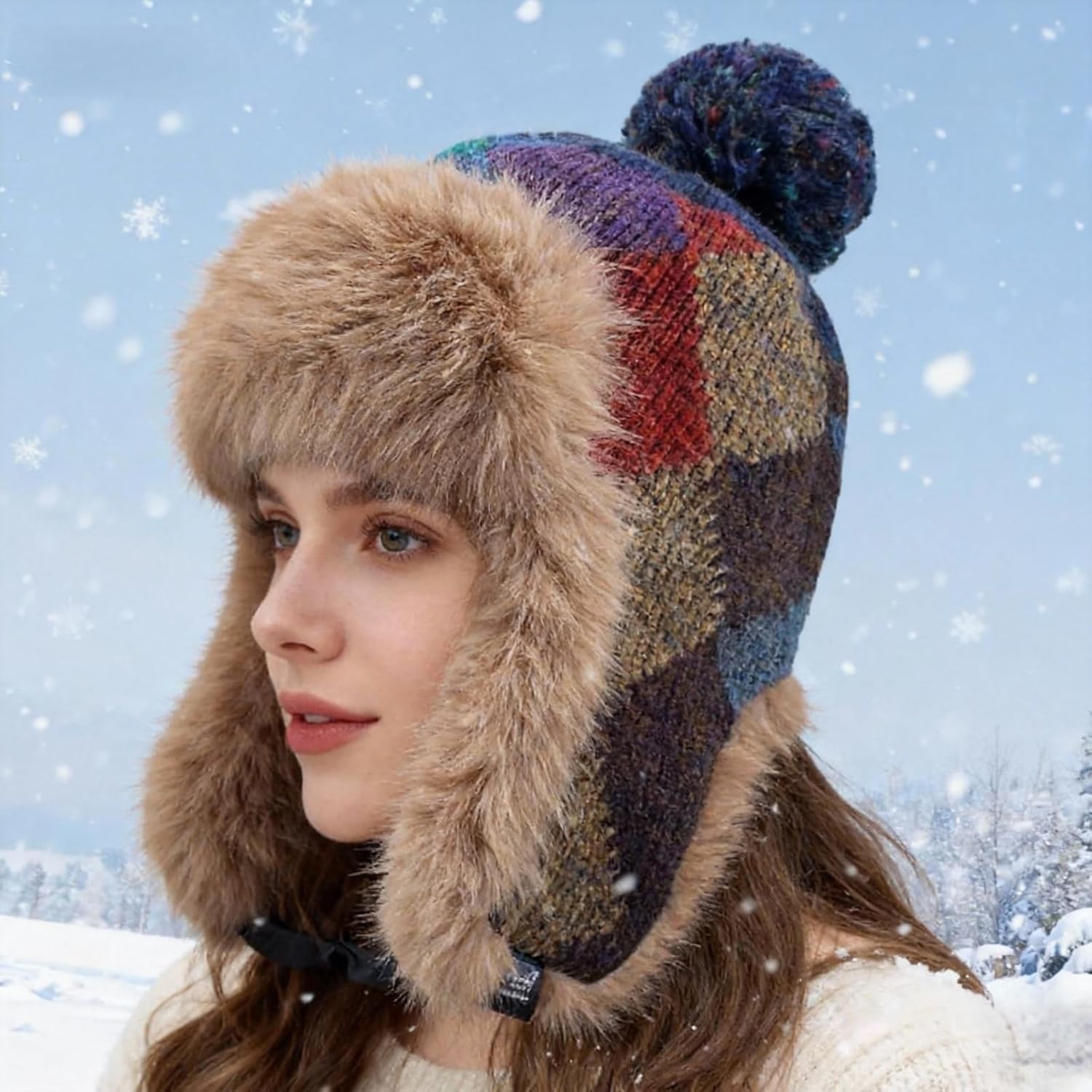 Women's Winter Trapper Hat, Knit Ear Flap Beanie with Faux Fur Lining & Pom, Windproof Ski Snow Cap