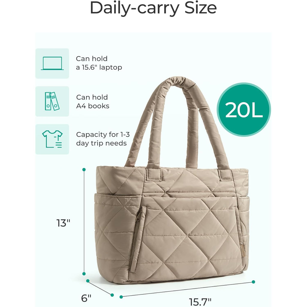 BAGSMART Tote Bag for Women, Puffer Tote Bag with Zipper, Large Quilted Shoulder Bag with Compartments for Travel, Work, Gym