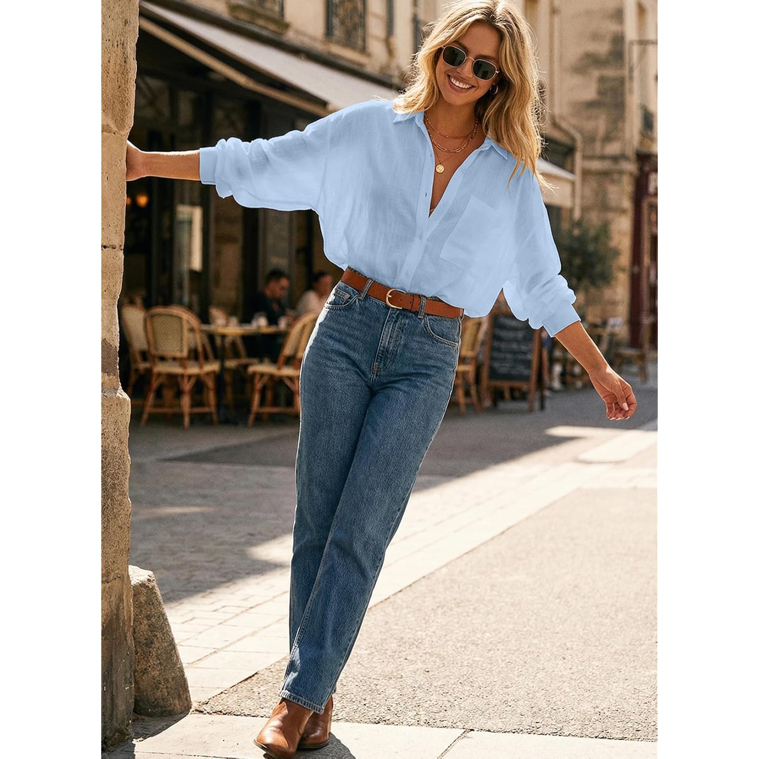 Women 2026 Loose Fit Tops Cotton Linen Button Down Shirts Collared Roll Up Long Sleeve V Neck Blouses