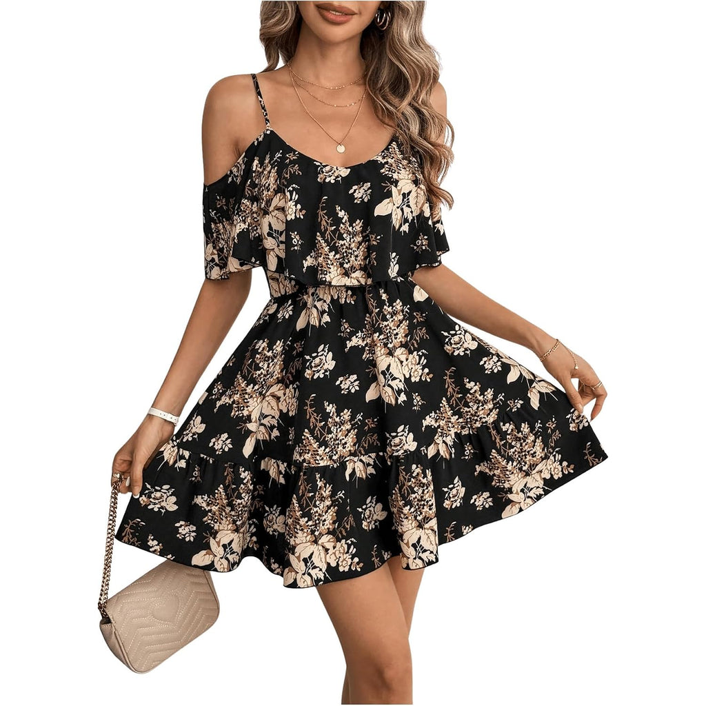Soly Hux Women'S Boho Floral Print Cold Shoulder Dress Short Sleeve Ruffle A Line Vacation Elegant Mini Dresses