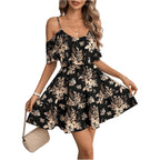 Soly Hux Women'S Boho Floral Print Cold Shoulder Dress Short Sleeve Ruffle A Line Vacation Elegant Mini Dresses