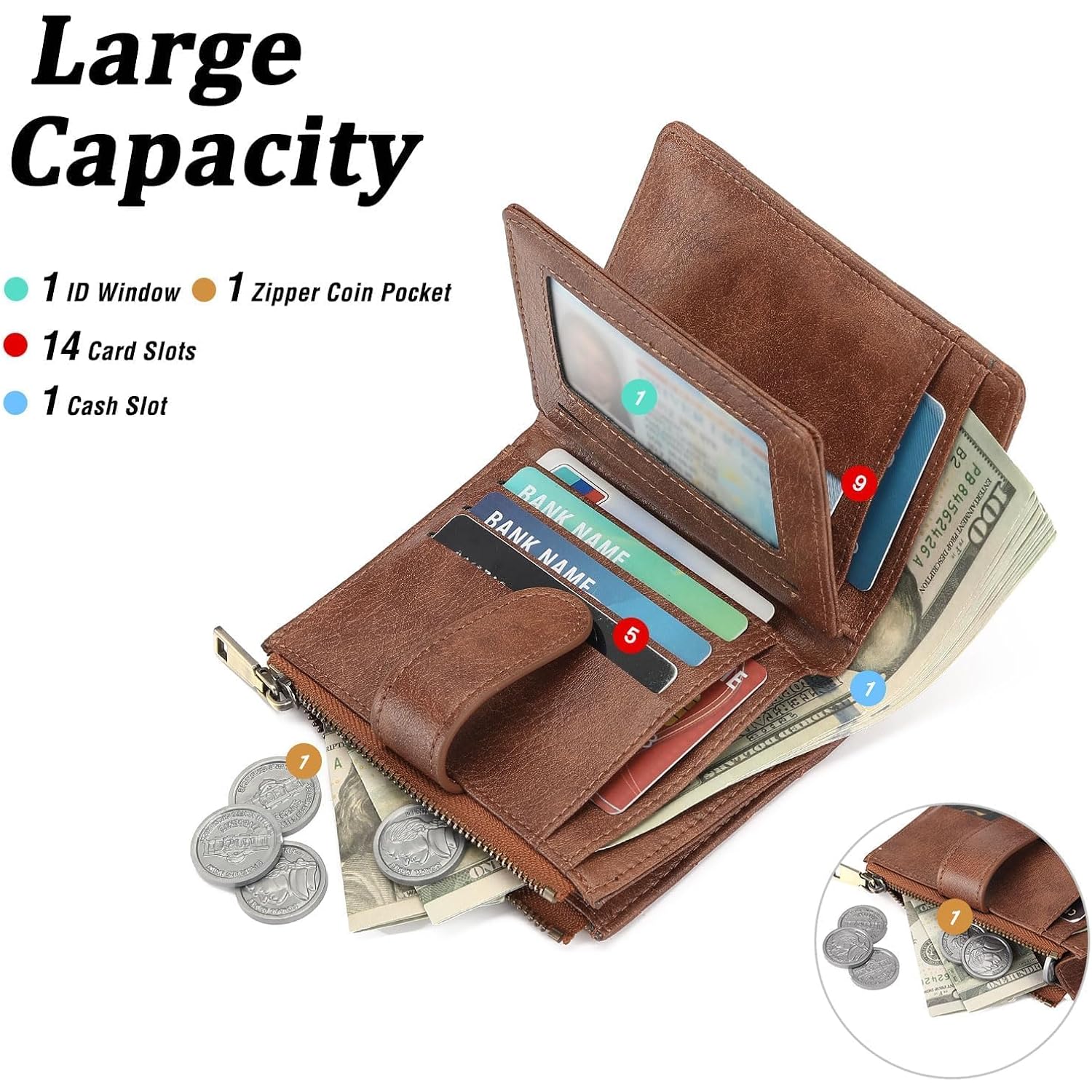 GAEKEAO Small Wallets for Women Vegan Leather RFID Blocking Bifold Zipper Pocket Wallet Card Case Purse with ID Window