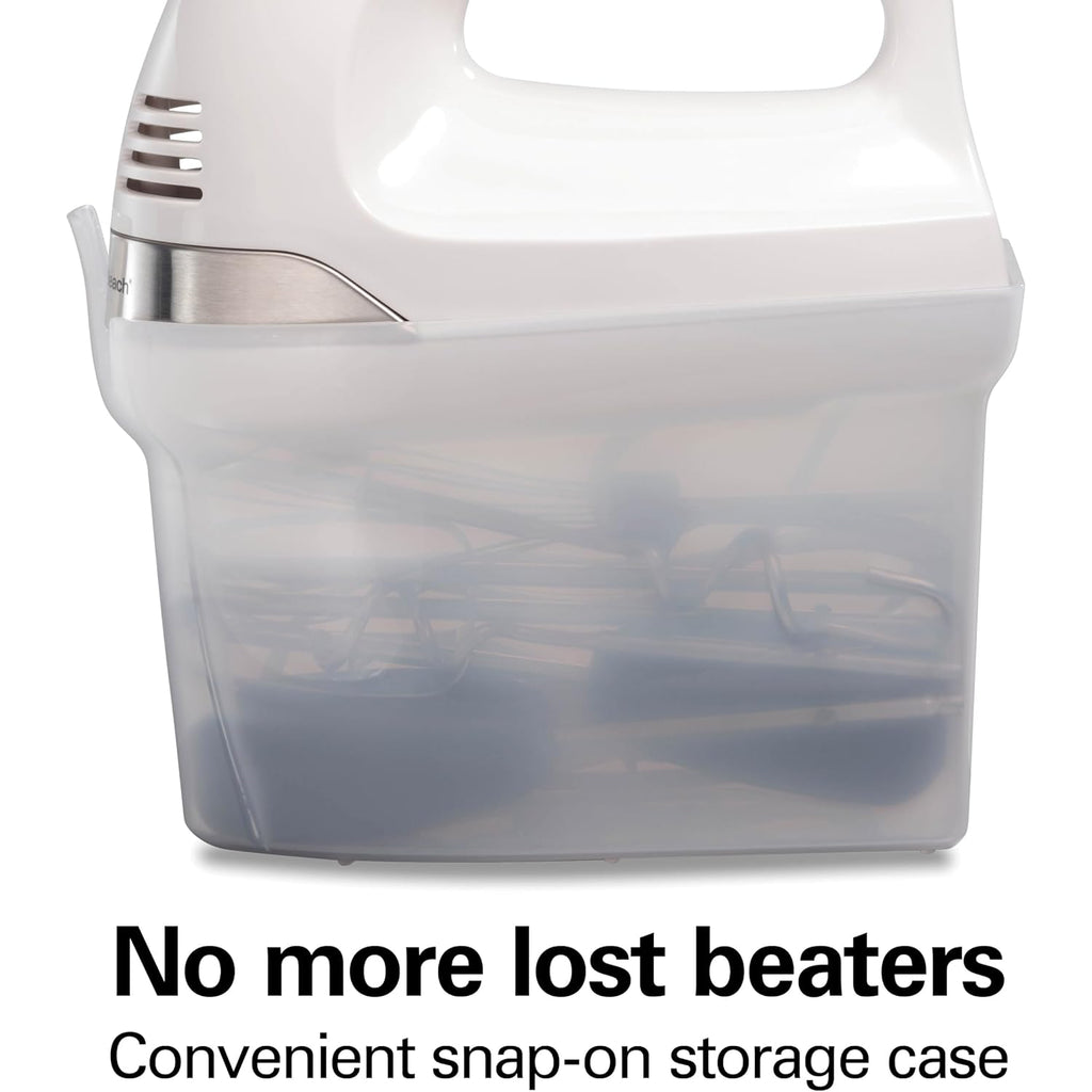 Hamilton Beach 6-Speed Electric Hand Mixer With Easy Clean Beaters | Traditional Beaters | Dough Hooks | Whisk | Snap-On Storage Case | 275 Watt Motor | White | 62636J