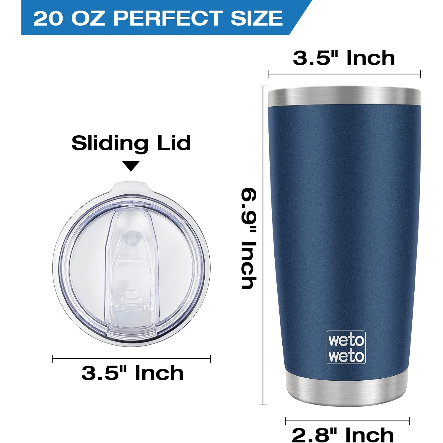 Wetoweto 20Oz Tumbler, Stainless Steel Vacuum Insulated Coffee Travel Mug, Double Wall Powder Coated Insulated Coffee Mug Travel Mug With Lid Thermal Cup For Outdoor (Navy Blue, 1 Pack)