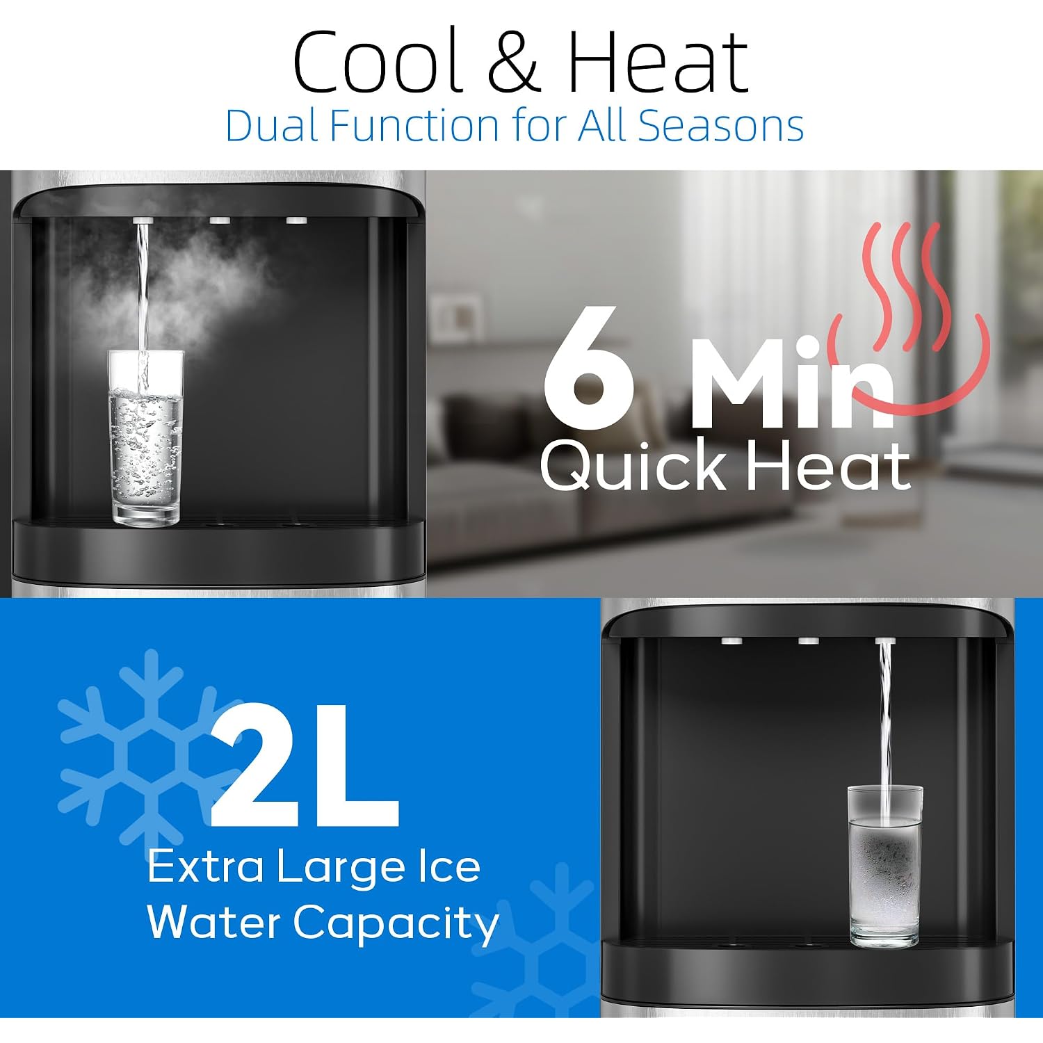 Bottom Loading Water Cooler Dispenser For 3-5 Gallon Bottles, 3 Temperature - Hot, Cold & Room Water With Child Lock, Ideal Design For Home & Office, Satin Silver