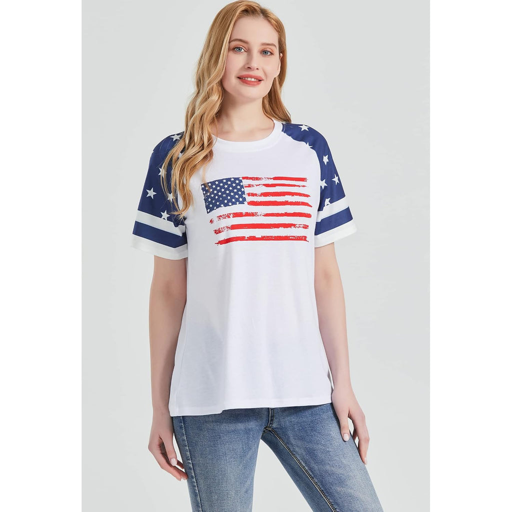 Patriotic Shirts for Women 4th of July T Shirts American Flag Graphic Tees Tops Raglan Short Sleeve Fourth of July Outfits