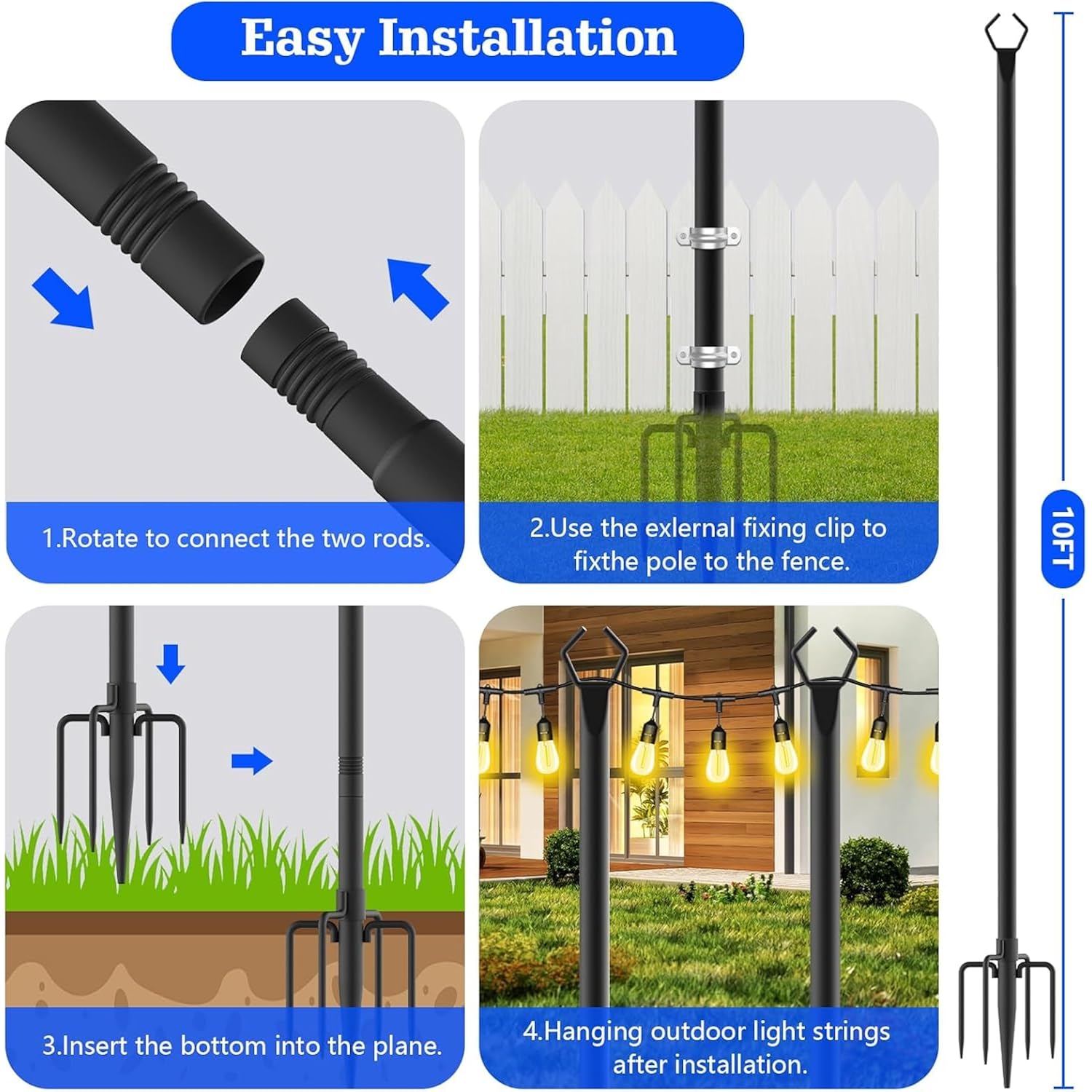 Sinley 4 Pack String Light Poles,10 Ft Metal Poles With Fork For Outdoor String Lights,Outdoor Light Poles With Fork,Poles/Post/Stand For Outside,Patio,Deck,Backyard,Garden Wedding,Party