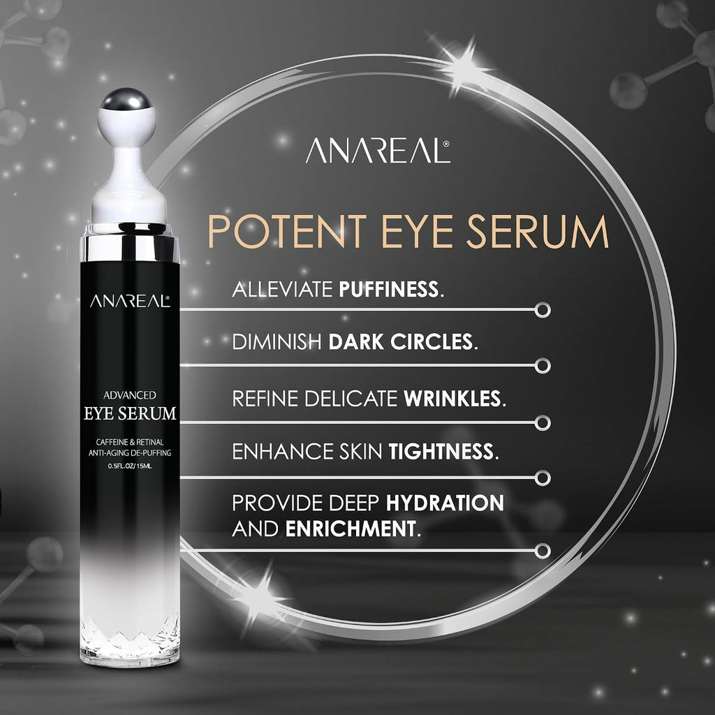 Anareal Eye Bags Treatment For Men And Women : Caffeine Under Eye Cream For Dark Circles & Puffiness - 360° Eye Roller For Puffy Eyes