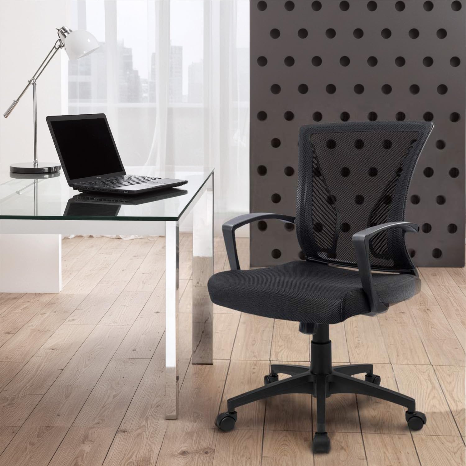 Furmax Office Chair Ergonomic Computer Desk Mesh Chair Mid Back Swivel Lumbar Support with Armrest (1, Black)
