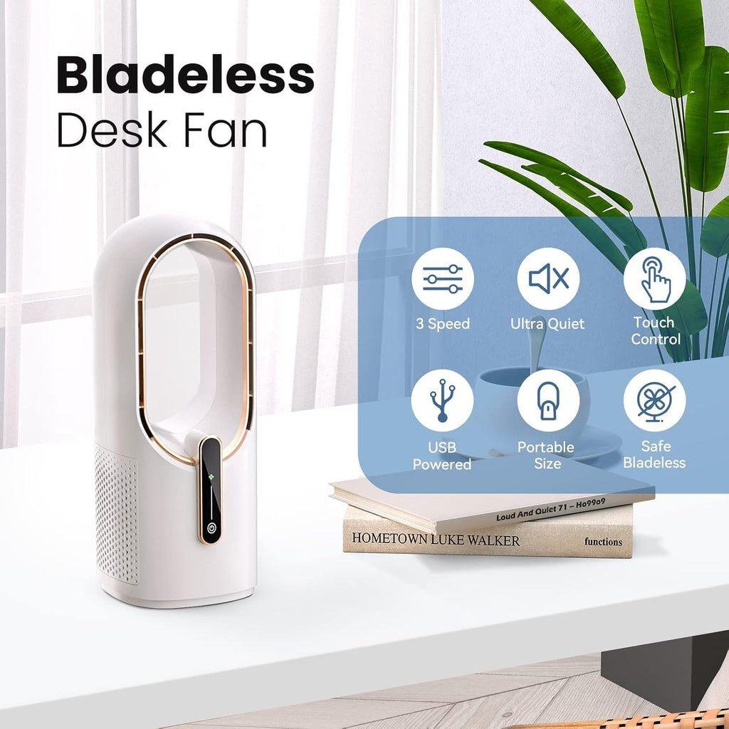 Konsiden Desk Fan Bladeless, 11.8 Inch Office Fan Small, Quiet, 3 Speed Adjustment, Touch Control, Easy To Clean, Desk Fans Small Quiet, Ideal For Office, Living Room, Bedroom