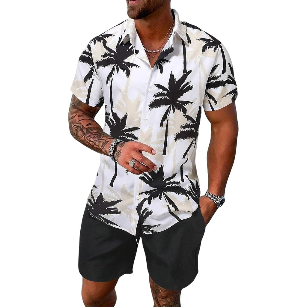 Yimoon Men'S Summer 2 Piece Outfits Tropical Print Short Sleeve Button Down Hawaiian Beach Shirt And Shorts Set