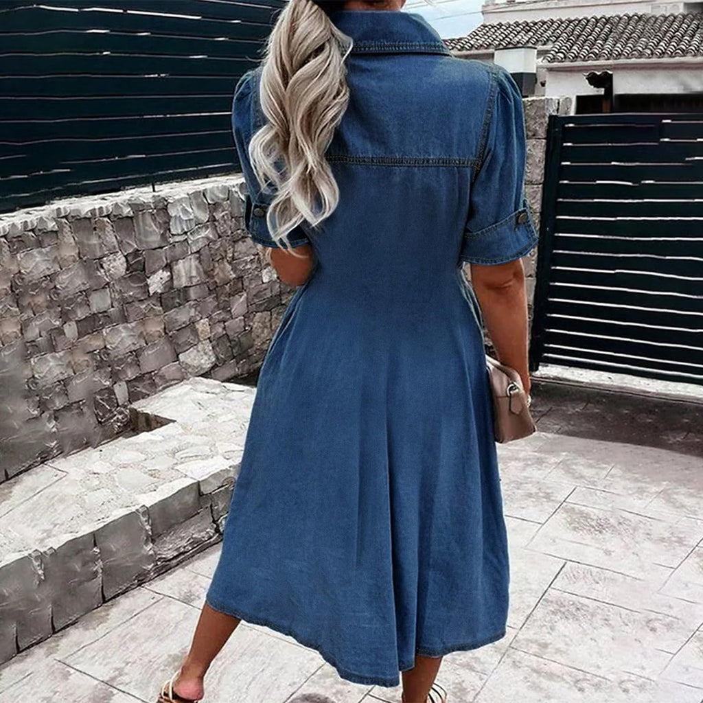Women Denim Shirt Dress V Neck Short Sleeve Long Bottom Down A-Line Jeans Dresses With Pockets
