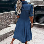 Women Denim Shirt Dress V Neck Short Sleeve Long Bottom Down A-Line Jeans Dresses With Pockets