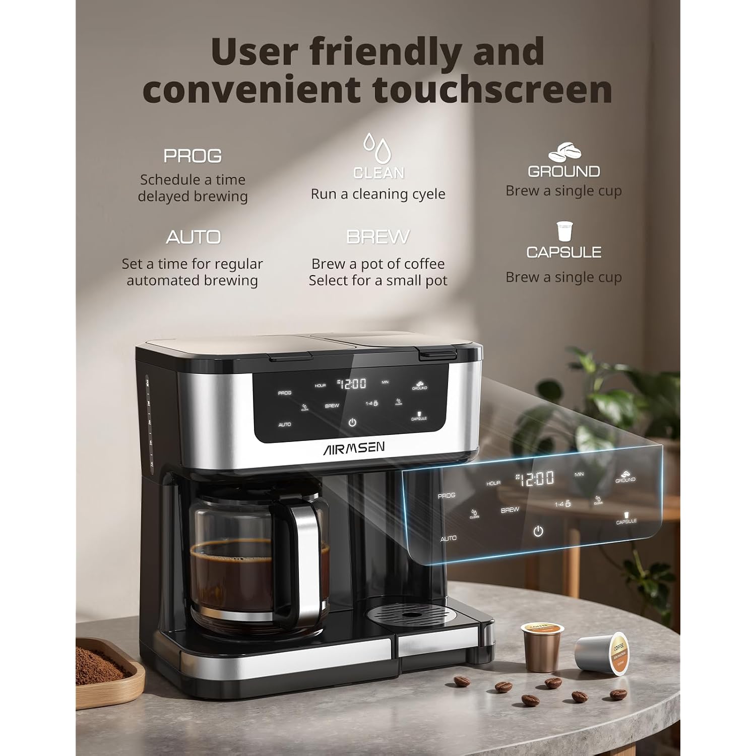 Airmsen 12-Cup Programmable Dual Coffee Maker – Single Serve Machine For K-Cup Pods & Ground, 1000W Fast Brew, Delay Start, 2H Keep Warm, Touchscreen, 60Oz Tank, Glass Carafe – Home & Office